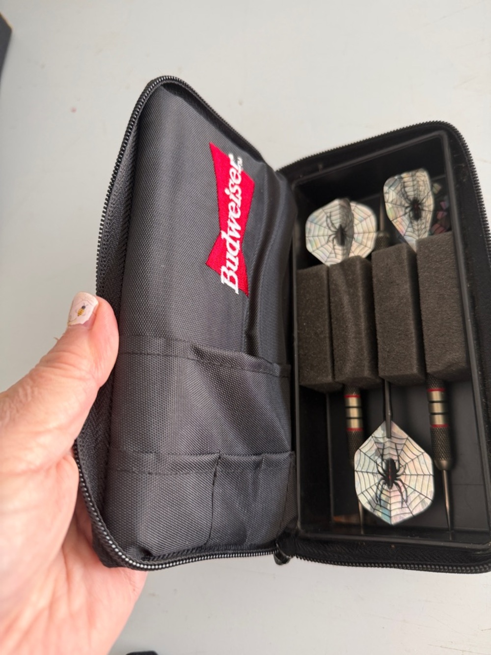 Vintage Budweiser Black Dart Case with Spider-Web Flight Darts